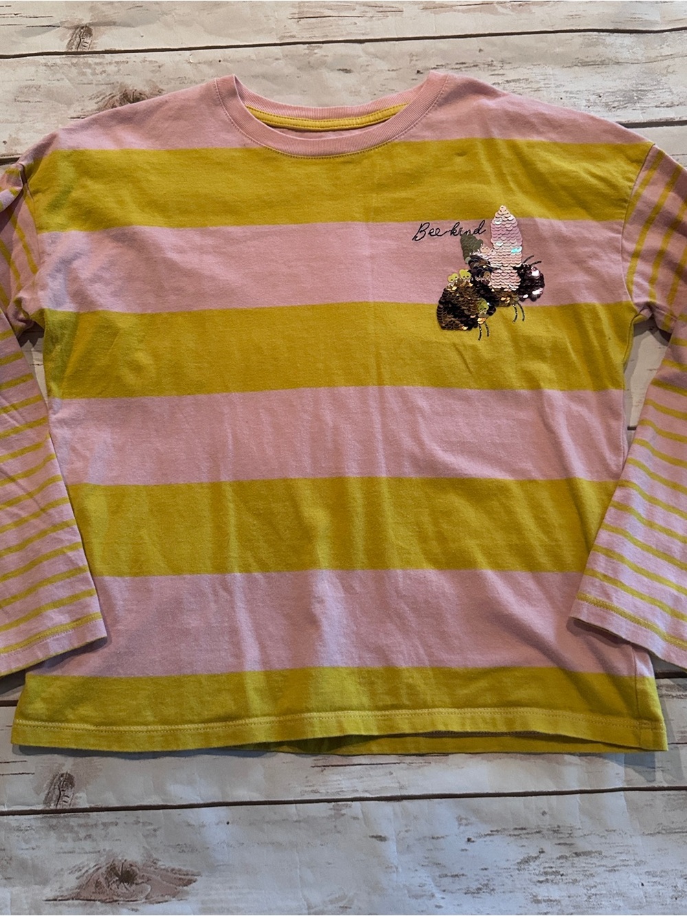 Mini Boden bee striped shirt with bee graphic, fair tiny stains size 9-10Y